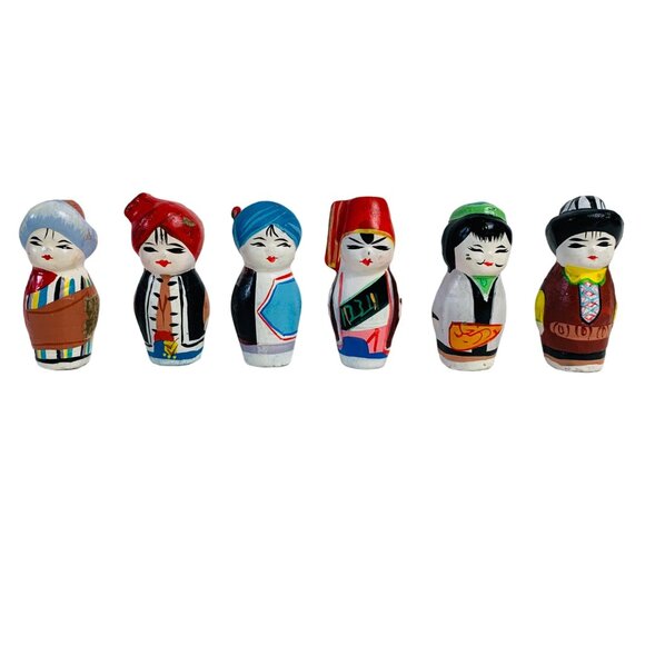 Folk Art Mini Kokeshi Clay Dolls Set of 6 Collectible Figurines Hand Painted - Picture 15 of 16